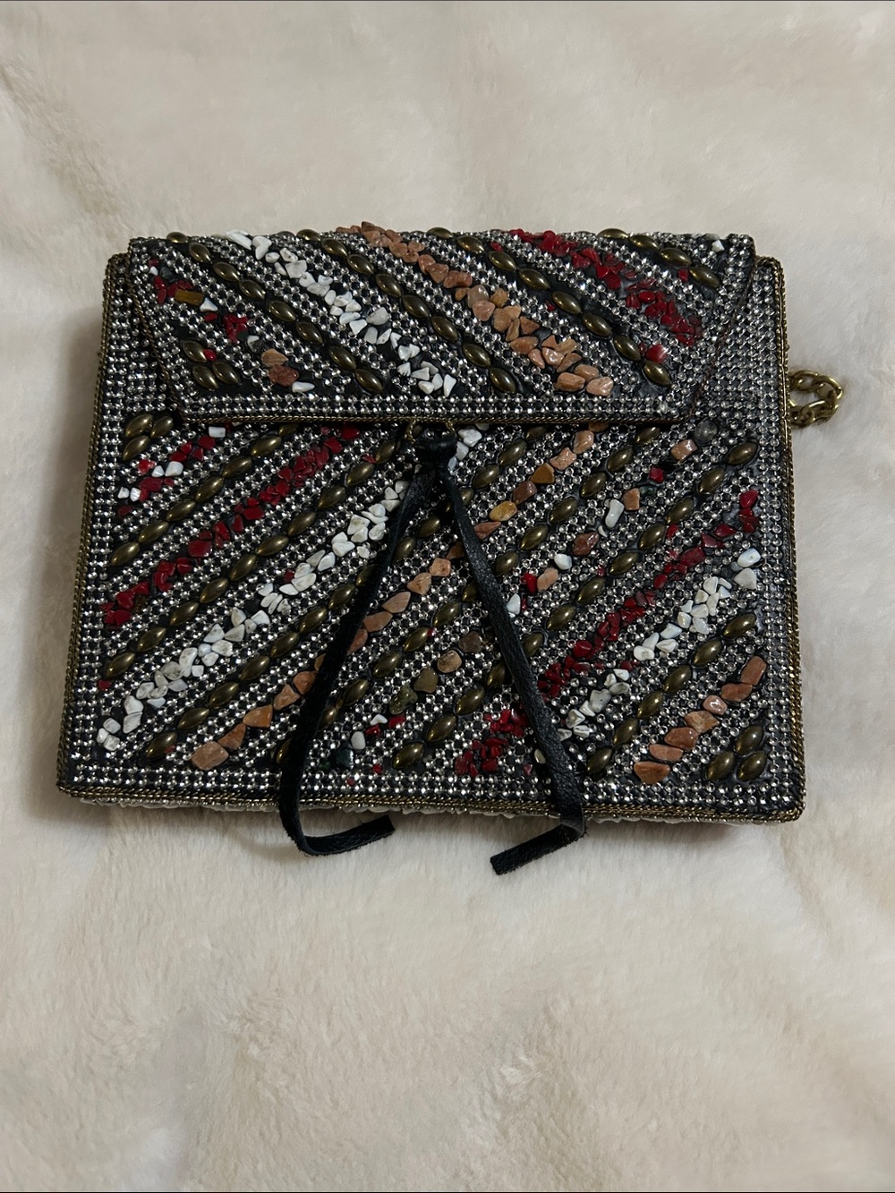 Beaded Diagonal Stripe Clutch in Black, Red, White & Copper